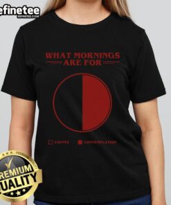 Women enjoying coffee and pie while contemplating life in 'Good What Morning' tee, perfect for coffee lovers.