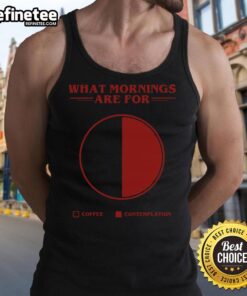 Person wearing a 'Good Morning' coffee contemplation pie tank top, enjoying a peaceful morning with a cup of coffee.