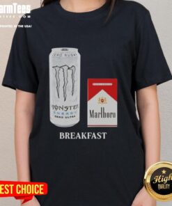 Alt Text: Good White Monster Marlboro Red cigarette breakfast ladies tee featuring a stylish design perfect for casual wear.