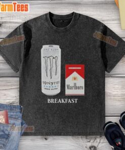 Alt Text: Good White Monster Marlboro Red cigarette breakfast washed t-shirt displayed on a wooden table with coffee.