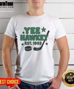 Good Yee Hawkey Hockey Est 1993 T-Shirt featuring a playful design for hockey fans and enthusiasts.