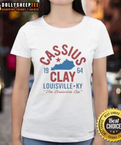 Alt Text: Premium Cassius Clay 1964 Louisville Muhammad Ali ladies tee featuring iconic boxing imagery and vibrant colors.