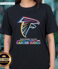 Happy Atlanta Falcons Football graphic on a colorfully designed ladies tee supporting cancer awareness.
