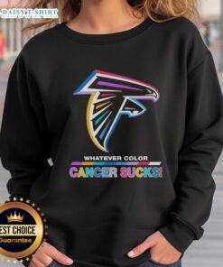 Alt Text: Happy Atlanta Falcons Football sweatshirt in vibrant colors supporting cancer awareness with 'Cancer Sucks' logo.