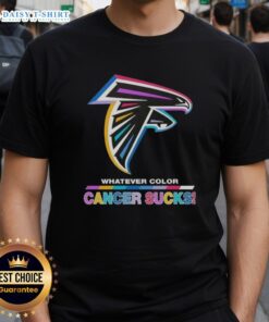 Happy Atlanta Falcons football T-shirt featuring colorful 'Cancer Sucks' logo, perfect for fans supporting cancer awareness.