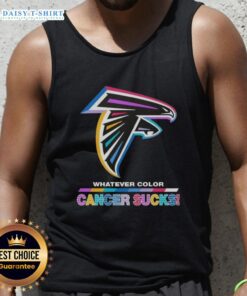 Happy Atlanta Falcons football tank top with colorful 'Cancer Sucks' logo, perfect for fans supporting a great cause.