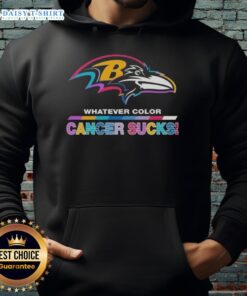 Happy Baltimore Ravens football hoodie featuring colorful 'Cancer Sucks' logo, perfect for fans and cancer awareness.