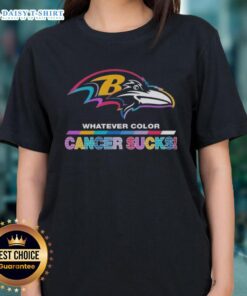 Happy Baltimore Ravens Football ladies tee featuring colorful 'Cancer Sucks' logo, perfect for game day and awareness.
