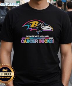 Happy Baltimore Ravens Football T-Shirt featuring 'Cancer Sucks' logo in vibrant colors, perfect for fans and supporters.