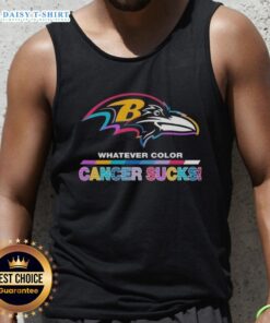 Happy Baltimore Ravens Football tank top featuring colorful 'Cancer Sucks' logo, perfect for fans and cancer awareness.