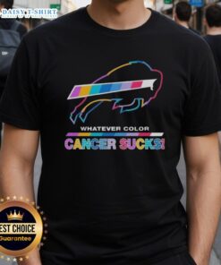 Colorful Buffalo Bills football t-shirt design with 'Cancer Sucks' slogan celebrating team spirit and awareness.
