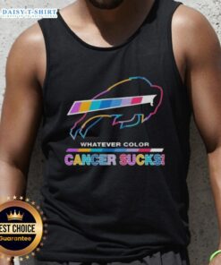 Happy Buffalo Bills football tank top with colorful 'Cancer Sucks' logo, perfect for fans supporting a great cause.