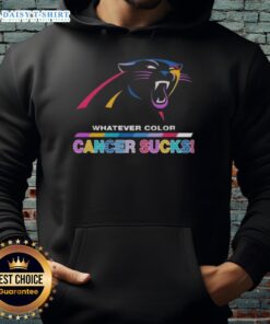 Happy Carolina Panthers Football hoodie in vibrant colors, promoting cancer awareness with a bold logo design.