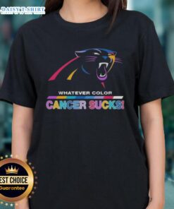 Alt Text: Happy Carolina Panthers Football ladies tee featuring colorful 'Cancer Sucks' logo, perfect for Panthers fans.