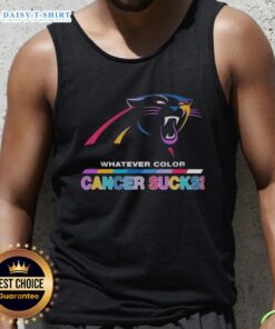 Happy Carolina Panthers Football tank top featuring colorful 'Cancer Sucks' logo, perfect for game day and awareness.