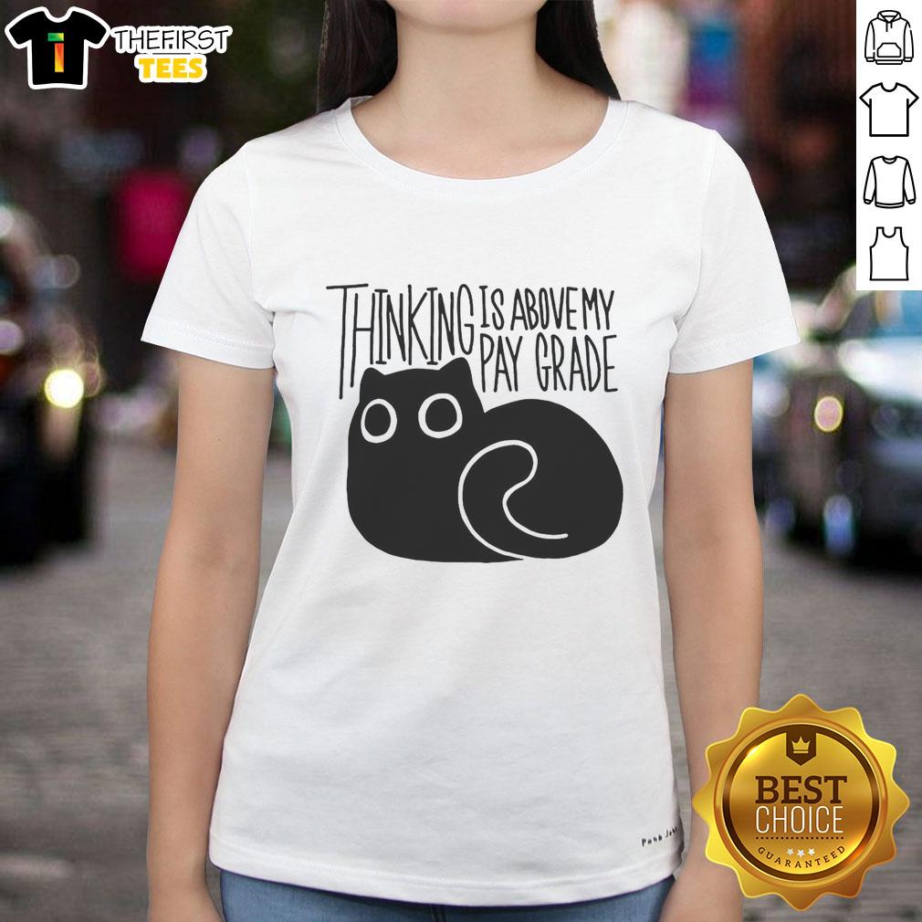 happy-cat-thinking-is-above-my-parade-ladies-tee Happy cat thinking with a humorous expression on a 'Is Above My Parade Ladies' tee shirt design.