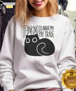 Happy cat thinking with a playful expression on 'Is Above My Parade' sweatshirt, perfect for cat lovers and cozy fashion.
