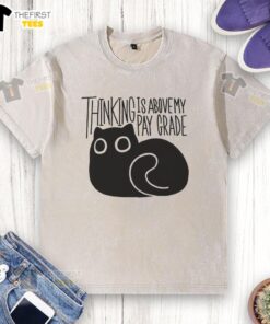 Happy cat with a thoughtful expression wearing a 'Thinking is Above My Parade' washed t-shirt, showcasing playful humor.