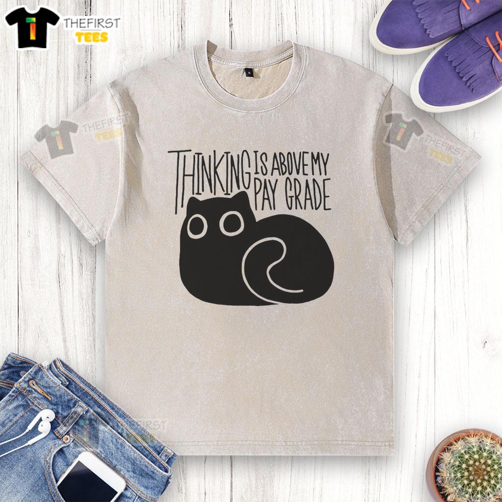 happy-cat-thinking-is-above-my-parade-washed-t-shirt Happy cat with a thoughtful expression wearing a 'Thinking is Above My Parade' washed t-shirt, showcasing playful humor.