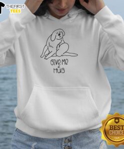 A happy dog wearing a 'Give Me A Hug' hoodie, showcasing its playful spirit and love for cuddles. Perfect for pet lovers!
