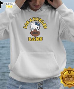 Happy Hello Kitty X Los Angeles Rams NFL logo hoodie featuring a playful design for fans and collectors.