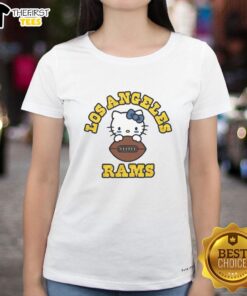 Happy Hello Kitty X Los Angeles Rams NFL logo ladies tee featuring a playful design for fans and fashion lovers.