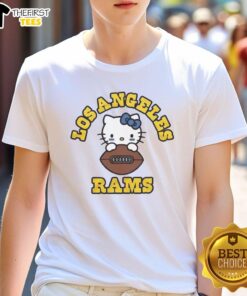 Happy Hello Kitty X Los Angeles Rams NFL logo t-shirt featuring a playful design perfect for fans and collectors.