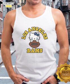 Happy Hello Kitty X Los Angeles Rams NFL logo tank top featuring a playful design perfect for fans and casual wear.