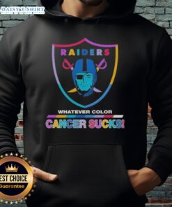Happy Las Vegas Raiders football hoodie featuring colorful 'Cancer Sucks' logo, perfect for fans and cancer awareness.