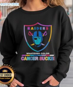 Happy Las Vegas Raiders Football sweatshirt with colorful 'Cancer Sucks' logo, perfect for team spirit and awareness.