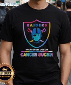 Alt Text: Happy Las Vegas Raiders football t-shirt featuring colorful 'Cancer Sucks' logo, perfect for team supporters.