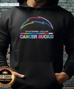 Alt Text: Happy Los Angeles Chargers hoodie featuring colorful cancer awareness logo, perfect for fans supporting a cause.