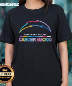 Los Angeles Chargers ladies tee featuring 'Cancer Sucks' logo in team colors, perfect for fans supporting the cause.