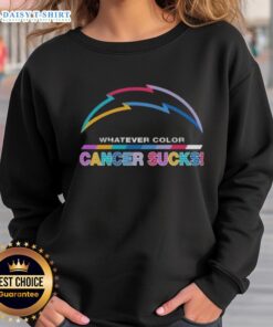 Happy Los Angeles Chargers football sweatshirt featuring colorful 'Cancer Sucks' logo, perfect for fans and supporters.