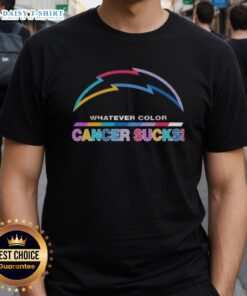 Alt Text: Happy Los Angeles Chargers Football T-Shirt featuring colorful 'Cancer Sucks' logo design, perfect for fans and supporters.