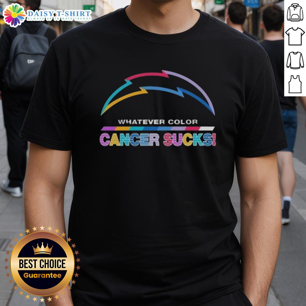 Happy Los Angeles Chargers Football Whatever Color Cancer Sucks Logo Colors T-Shirt Alt Text: Happy Los Angeles Chargers Football T-Shirt featuring colorful 'Cancer Sucks' logo design, perfect for fans and supporters.