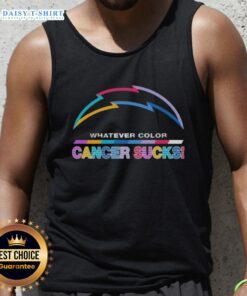 Los Angeles Chargers football tank top featuring a colorful 'Cancer Sucks' logo for awareness and support.