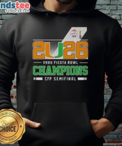 Happy Miami Hurricanes 2026 Vrbo Fiesta Bowl Champions CFP Semifinal hoodie featuring vibrant team colors and logo.