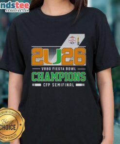 Happy Miami Hurricanes 2026 Vrbo Fiesta Bowl Champions ladies tee featuring team colors and logo, perfect for fans.