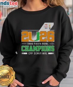 Alt Text: Miami Hurricanes 2026 Vrbo Fiesta Bowl Champions sweatshirt celebrating CFP semifinal victory.