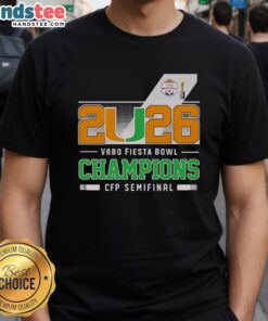 Miami Hurricanes 2026 Vrbo Fiesta Bowl Champions T-Shirt celebrating CFP Semifinal victory in vibrant team colors.