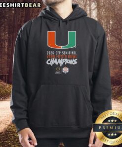 Miami Hurricanes Big Logo Hoodie celebrating CFP Semifinal 2026 Vrbo Fiesta Bowl Champions.