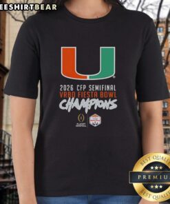 Happy Miami Hurricanes big logo on CFP Semifinal 2026 Vrbo Fiesta Bowl Champions ladies tee shirt.