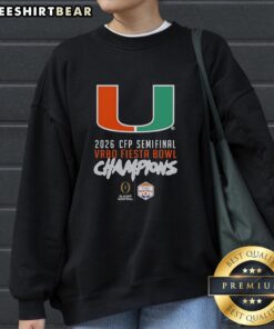 Happy Miami Hurricanes big logo on CFP Semifinal 2026 Vrbo Fiesta Bowl champions sweatshirt, showcasing team spirit.