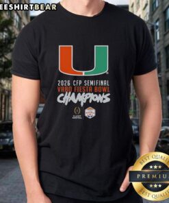 Happy Miami Hurricanes Big Logo T-Shirt celebrating 2026 CFP Semifinal Vrbo Fiesta Bowl Champions.