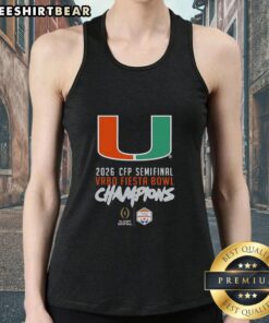 Happy Miami Hurricanes logo on a tank top for CFP Semifinal 2026 Vrbo Fiesta Bowl Champions celebration.