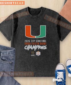 Happy Miami Hurricanes Big Logo CFP Semifinal 2026 Vrbo Fiesta Bowl Champions washed t-shirt design in vibrant colors.
