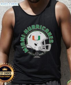 Alt Text: Happy Miami Hurricanes fans wearing 2026 CFP National Championship tank tops in Miami, FL, celebrating their team.