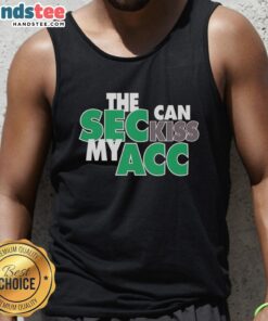 Cheerful Miami Hurricanes fan wearing 'SEC Can Kiss My ACC' tank top, showcasing team spirit and pride at a game.