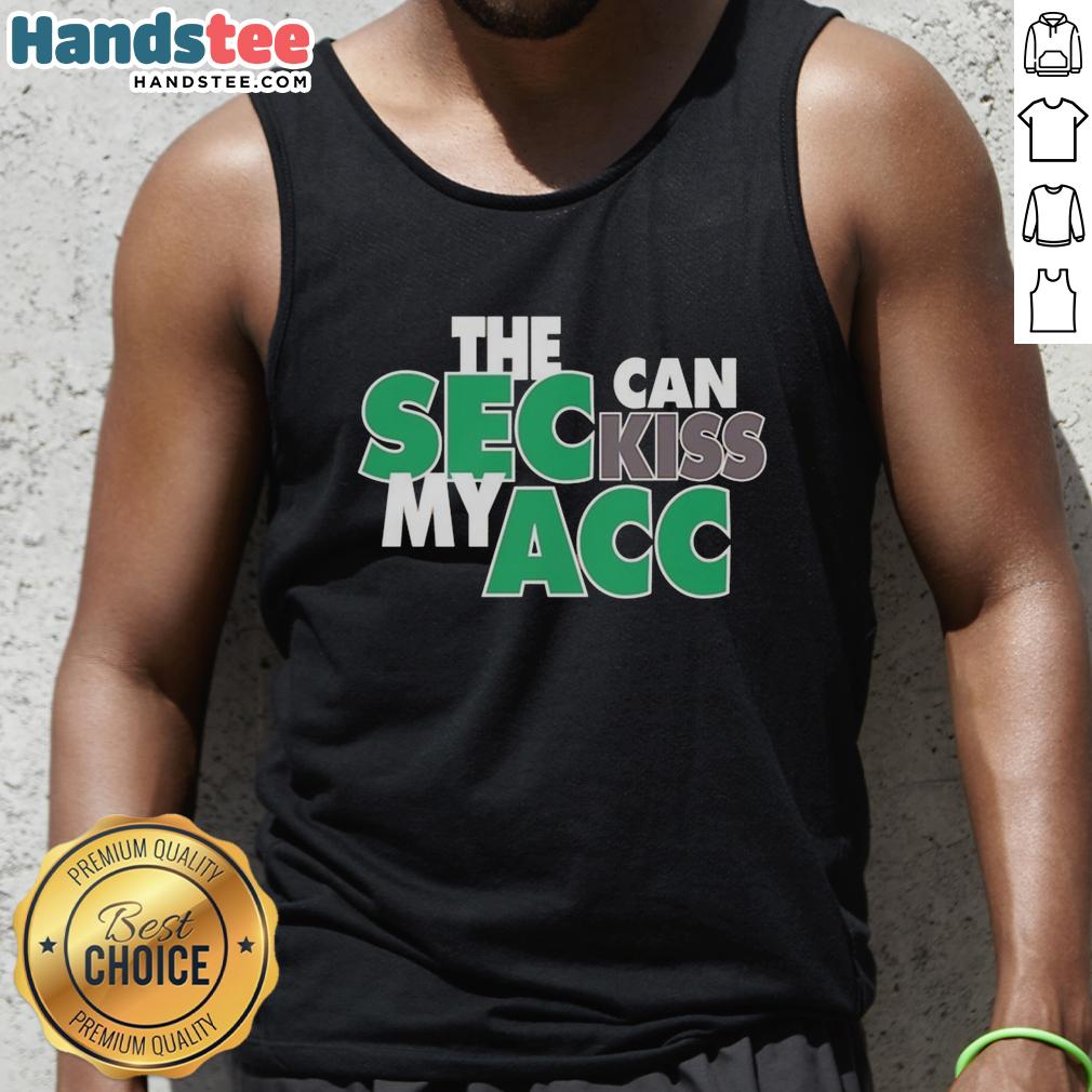 happy-miami-hurricanes-sec-can-kiss-my-acc-tank-top Cheerful Miami Hurricanes fan wearing 'SEC Can Kiss My ACC' tank top, showcasing team spirit and pride at a game.